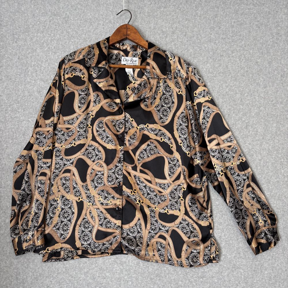 Vintage 90s Da-Rue Black Beige Women's Button Down Blouse Sz 18 Horse Equestrian